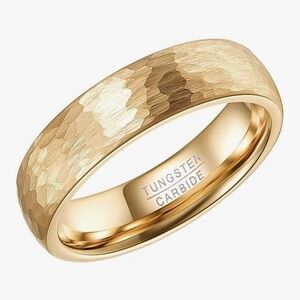 Tungsten Carbide Gold Tone Hammered Band Ring Mens Size 10 Matte Finish